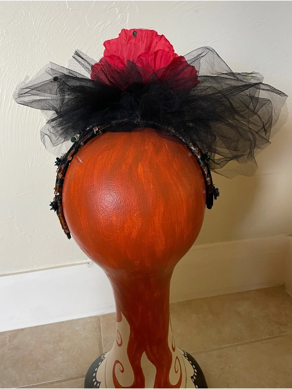 Handmade Gothic Floral Headband Black Tulle Red Flower Fascinator Halloween